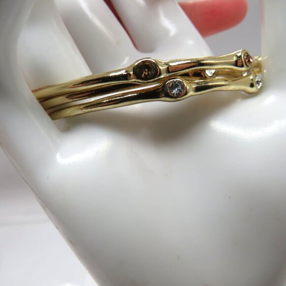 Set 3 Bracelets Bangle Stack Gold Tone Clear Yellow Rhinestone Dainty Elegant - Picture 2 of 12